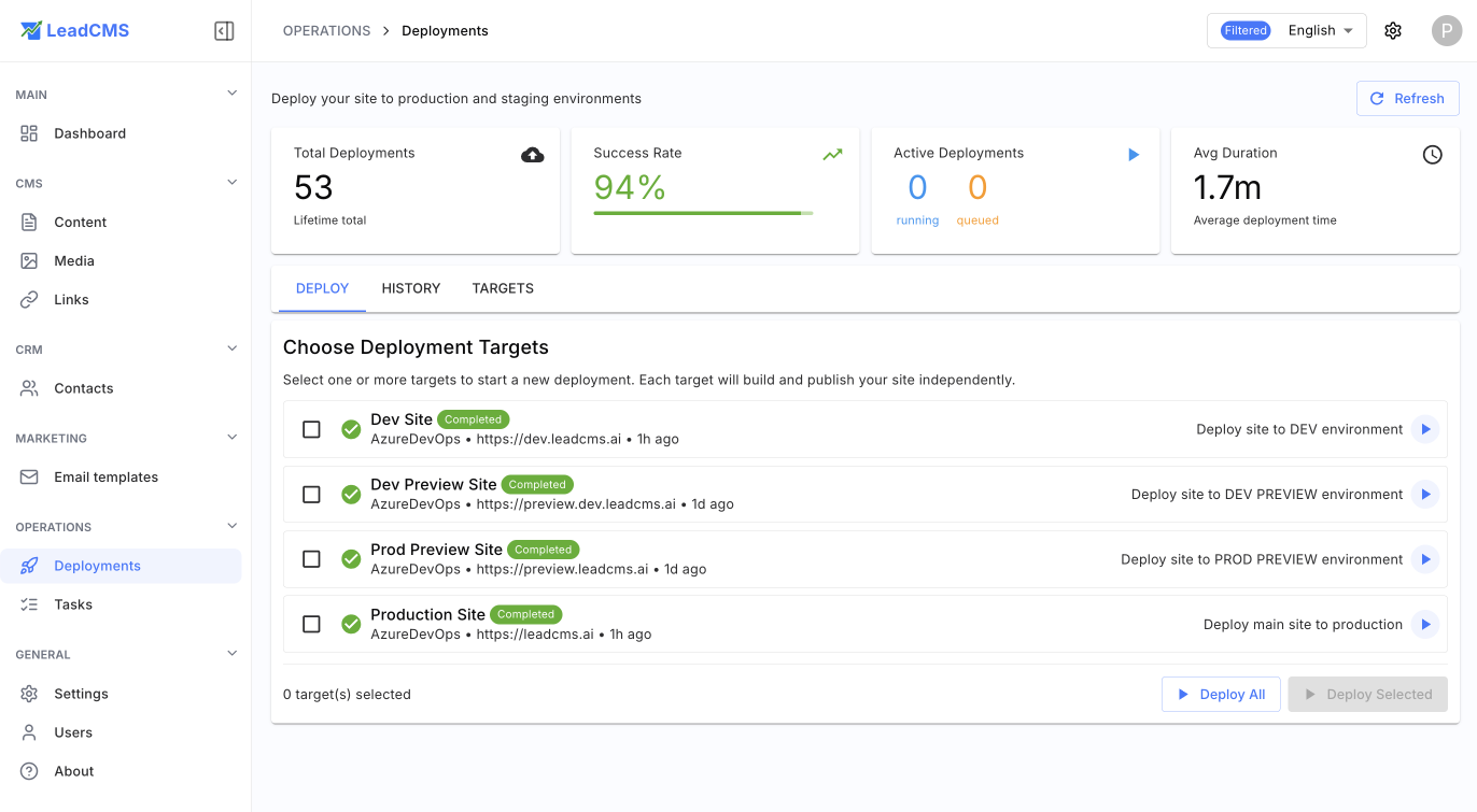 LeadCMS deployments - one-click deploy to dev, preview, and production environments